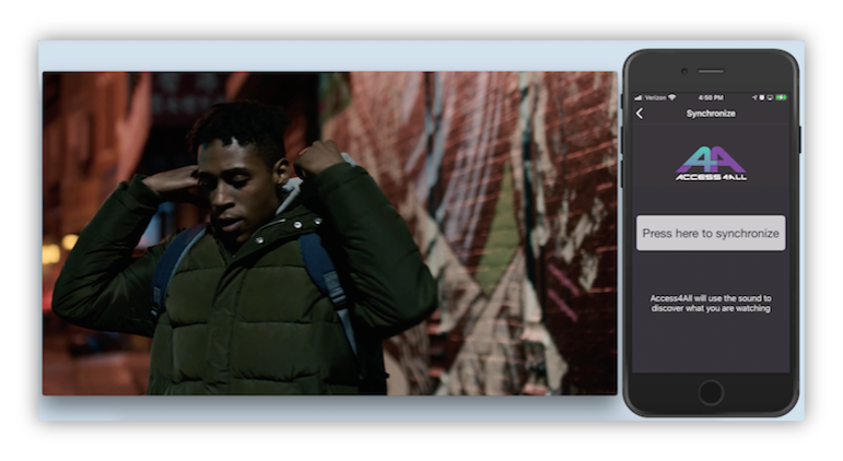 On the left, at night, on the street, a young man wears a winter jacke. His hands are next to his ears and hold the sides of a hood. On the right, a phone with the Access4all app on the screen.