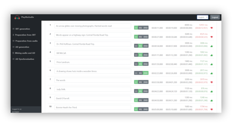 System view. On the left, the tools menu. On the right, a series of rows with description texts and, next to them, time stamps for each text.