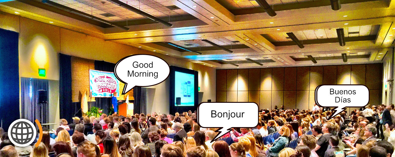 Conference room. Speech bubles over speaker and audience