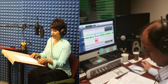 2 pictures: narrator in a recording studio and sound engineer in front of a computer
