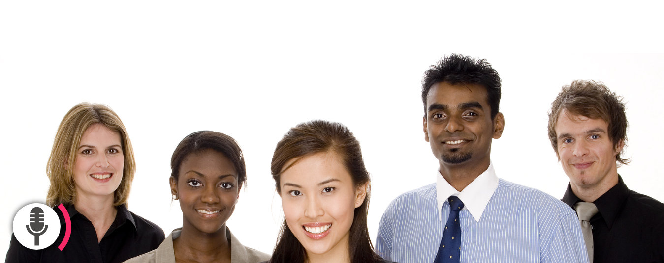 5 people of different races stand next to each other, look forward and smile