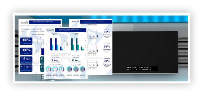 Screen with captions at the bottom. To the left of the screen, three sheets show statistics for accuracy, integrity, synchronicity, and average speed.