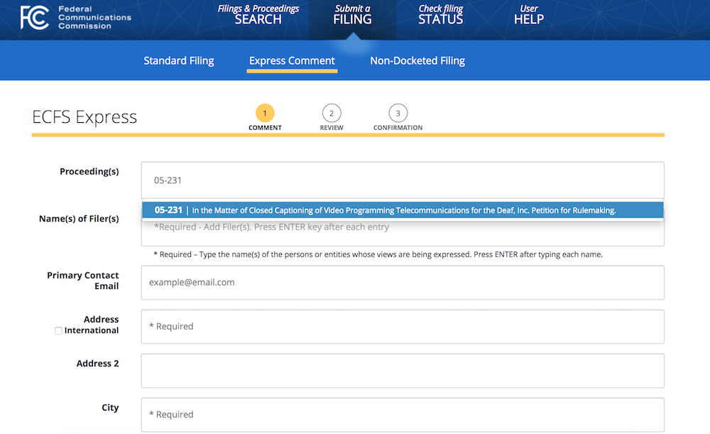 FCC web form for express comments 