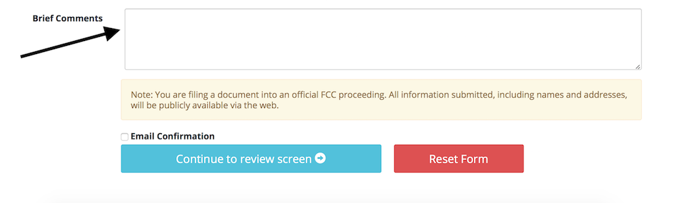 Form showing a field to enter comments and a button to continue to review comments