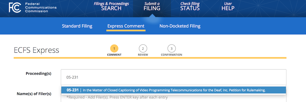 Form showing the field Proceeding 