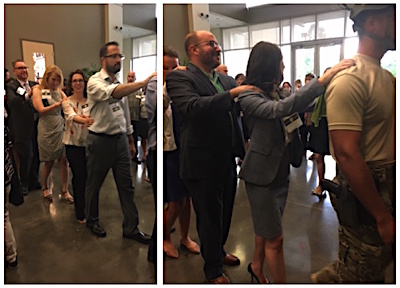 2-pics collage: People form a line and put their hands in the shoulders of the person before them. In the far right of the collage, a member of the SWAT team stands before the line.