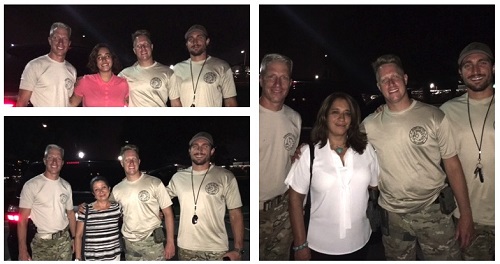 3-pictures collage: Outdoors at night, 3 members of the SWAT team pose smiling with a lady in each pictures. The ladies are Juliana Olarte, Amanda Cadena and María Diaz-our CEO.