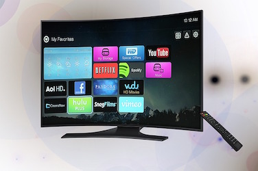 Icons on a TV screen. Some of the icons correspond to Netflix, YouTube, Vimeo, Hulu and Pandora.