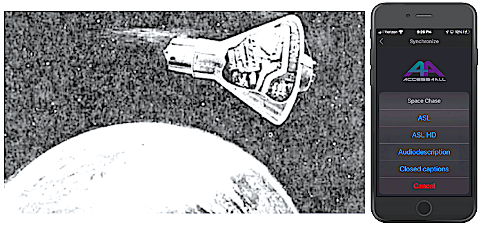 On left, drawing of a space vehicle floating over Earth. The vehicle is shaped as a cone, and an astronaut is seating inside. On right, a phone with the Access4All app open. It shows a menu with the options ASL, Audiodescription and Closed Caption. 