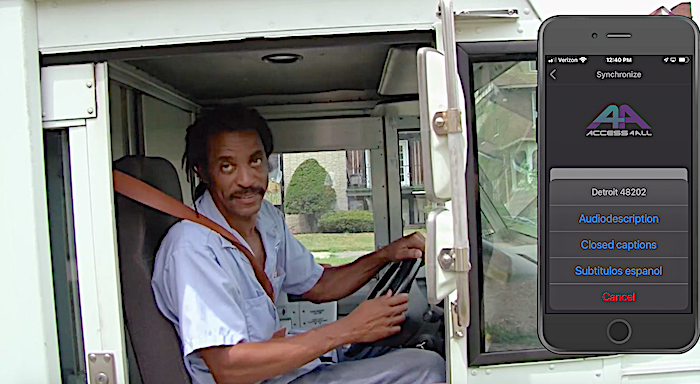 Wendell Watkins is at driver’s seat of his mail delivery car. On the right, above the image, there is a phone with the Access4All app open and a menu that says audio description, closed captions and subtitles in Spanish.