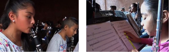 Collage of 2 pictures: children playing clarinet and girl reading music sheets