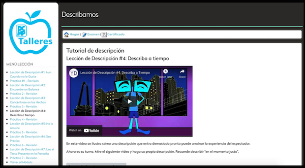 Página del taller. Menú a la izquierda. A la derecha, el título Describamos. Debajo, un menú de herramientas. Debajo, el título Tutorial de Descripción - Lección de Descripción #4 - Describa a tiempo. Caricatura de un personaje de pie, delante de una ventana. Sus ojos son cuadrados y similares a unas pantallas de computadora.