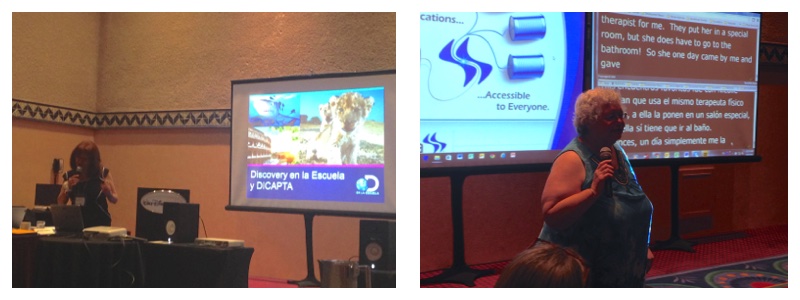 2 photo collage of the speakers, each one next to a giant screen.