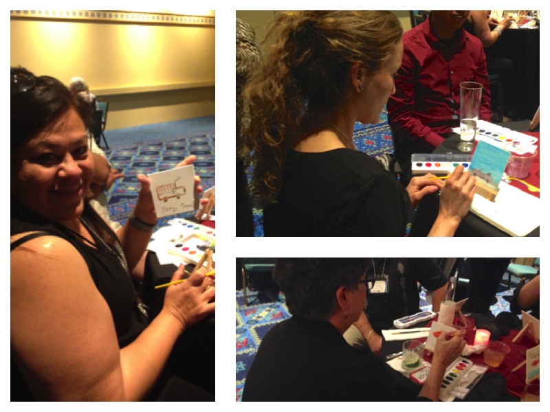 3 photo collage. Left, Myrna raises a painting of a truck. Upper and lower right, women paint on 4x4 inches canvas.