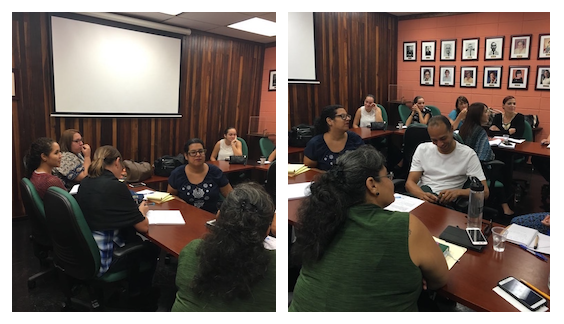 2 pictures collage. Conference room. Several teachers are seated around a group of tables organized in a U-shape. In the back, a big projector screen