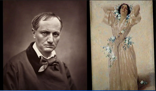 The artist Julio Ruelas. Next to him a model poses in a floral dress