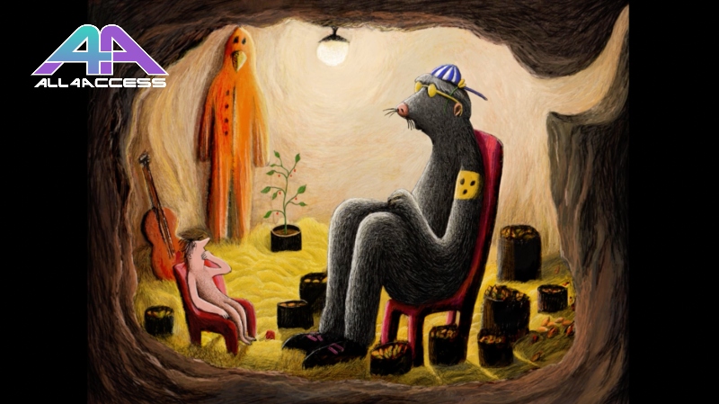 a cartoon mole sits in his lair. He has sunglasses and a cap. On the wall there is a guitar.
