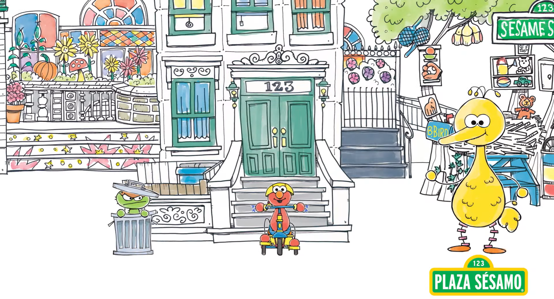 An illustration of Plaza Sésamo Street featuring Elmo riding a tricycle. On one side, Big Bird stands tall, while on the other side, Oscar the Grouch adds his quirky touch. The image has a hand-drawn and colored style, capturing the playful spirit of the beloved characters.