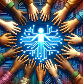 Illustration. A group of children's hands from different races form a circle around a representation of AI, depicted as a person formed by the lines on an electronic circuit.