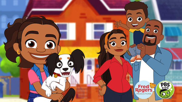 A cartoon of a little latino girl, her mom, dad, brother and dog. 
