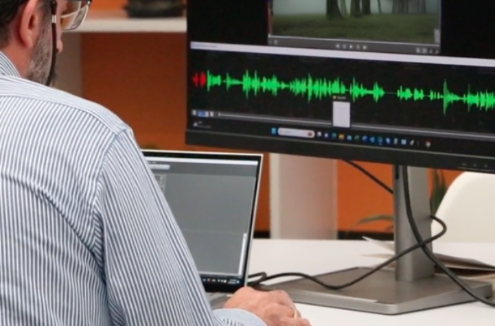 A man sitting at a desk looks at a computer screen. On the screen, there is an audio signal below an image.