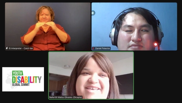 Zoom Meeting displaying an ASL interpreter, Daniel Palacios and Nefertiti Matos Olivares. On the bottom left, the Youth Disability Global Summit logo.