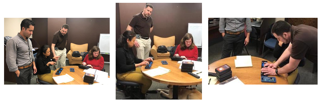 Collage of 3 pictures that show: 2 women seated at a table touching Braille displays. A man looks and one of the displays. The picture on the right shows the man bending and touching one of the displays.