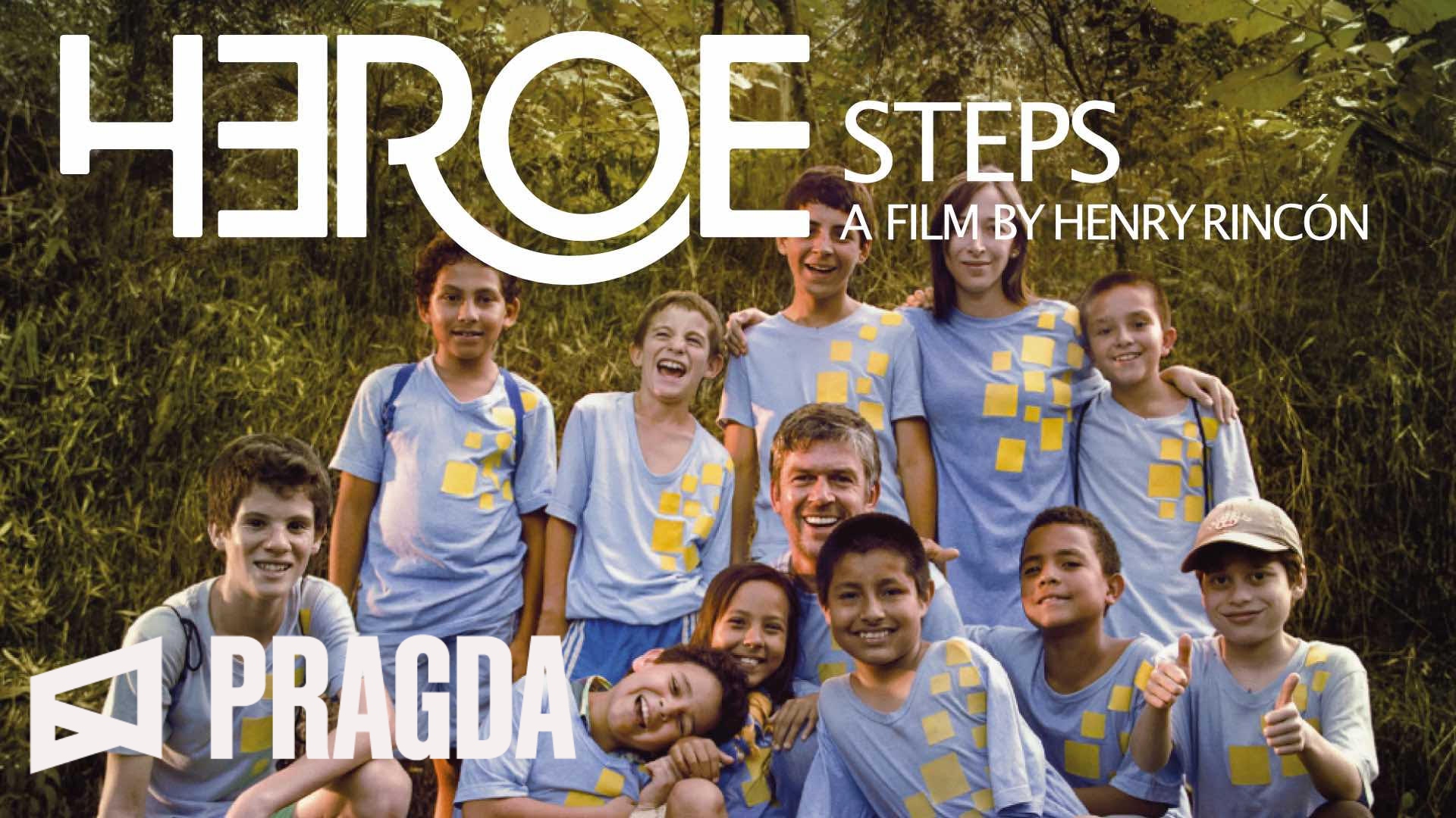 A group of children and an adult wearing the same shirt in a forest. Text: Heroe Steps