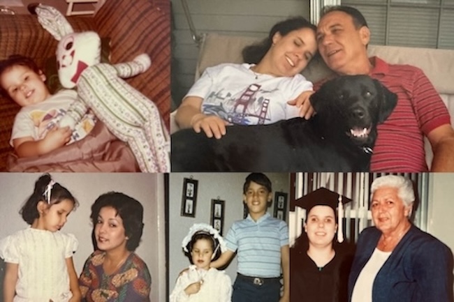 Collage of 5 pictures. Young Judy with a stuffed rabbit. Judy and her dad sit on a glider with her dog in front of them. Judy in a black graduation gown and her grandmother. Young Judy with her older brother. Young Judy is with her mom, kneeling next to her.