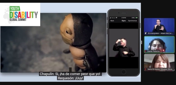 On the right, Zoom Meeting displaying an ASL translator, and 2 participants. On the left, an animation of a grasshopper. To its right, a phone shows an ASL interpreter. The Youth Disability Global Summit on the top left.