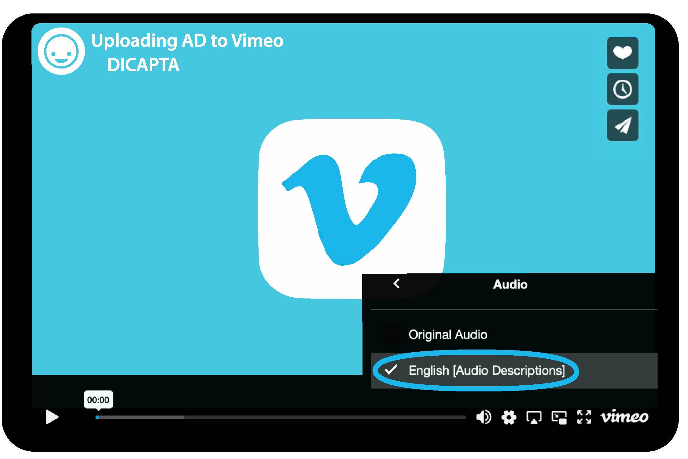 Vimeo video player. On the bottom right, a menu shows English audio description under audio options.