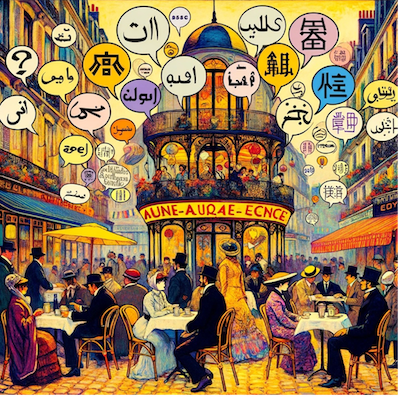 Image in the style of Henri de Toulouse-Lautrec. Vibrant, lively Parisian Cafe scene, filled with people from different parts of the world, engaging in conversations. Their diverse languages are symbolized through floating text bubbles in various scripts. Their cultural backgrounds are hinted at through traditional clothing, accessories, and items on the tables.