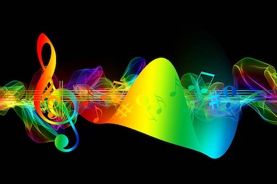A big treble clef over a staff with colorful music notes