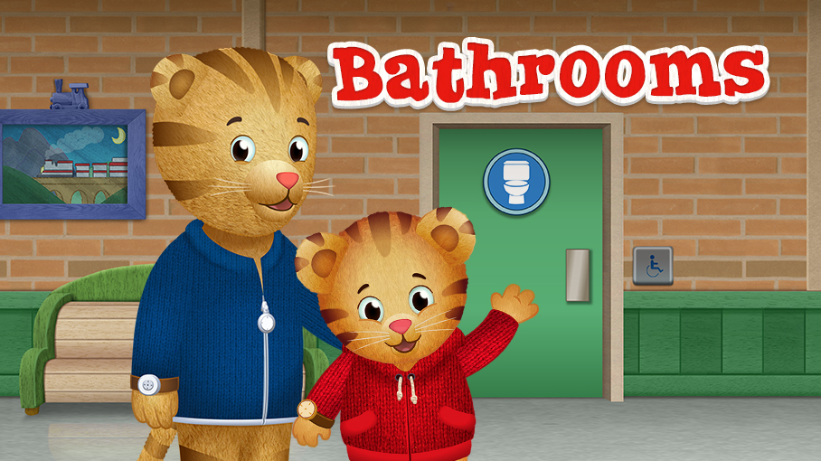 Cartoon tigers from Daniel Tiger, one adult and one child, stand in front of a restroom with a toilet icon and