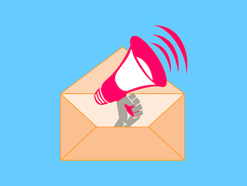 Out of an open envelope comes out a hand holding a megaphone