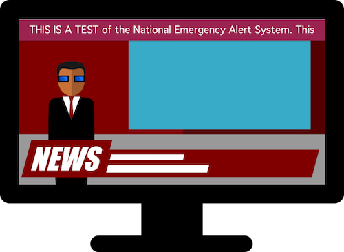 Drawing of a television screen during a news broadcast. A man in a dark suit and dark glasses stands next to a giant screen. At the top, a line of white text with red background says