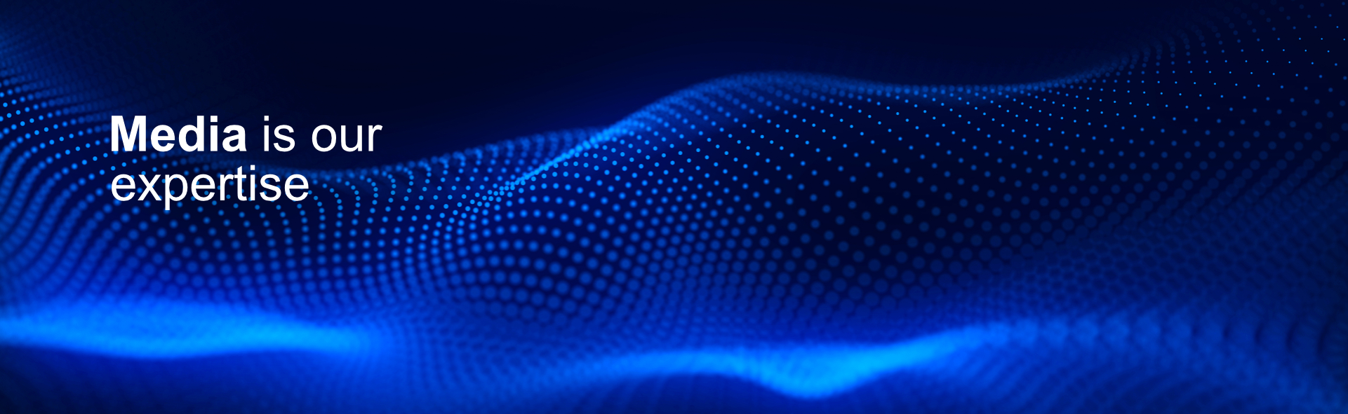 Text: Media is our expertise. Background Illustration. A wave of bright blue dots crosses from side to side. 
