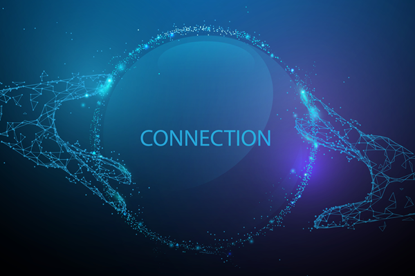 Illustration. Two hands, made of bright blue lines, touch a sphere with the word connection.The sphere lights up at the points where the fingertips touch it.