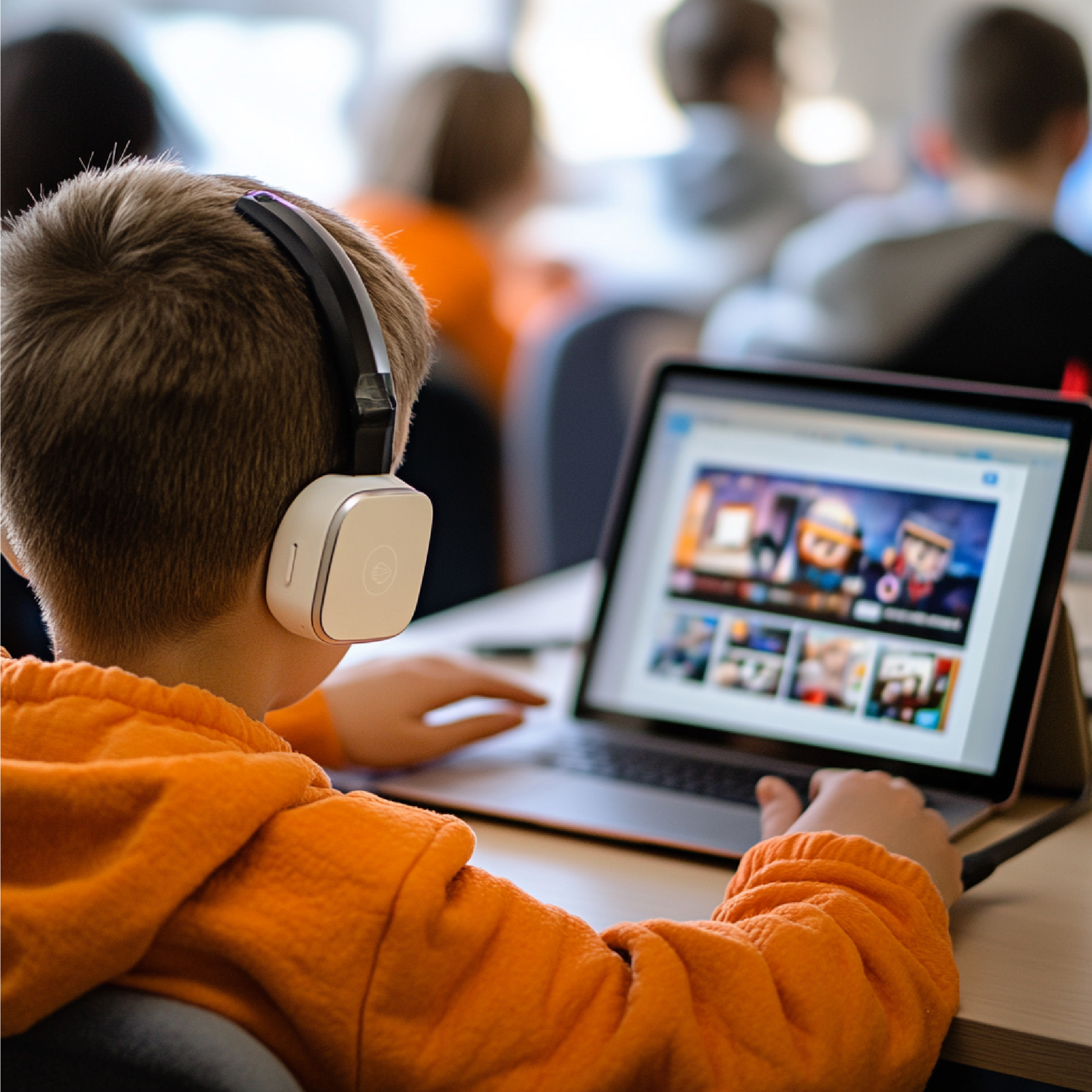 A young student wearing headphones is seated at a desk, engaged with an interactive educational platform on a laptop. The screen shows multimedia content, while other students in the background focus on their own tasks.